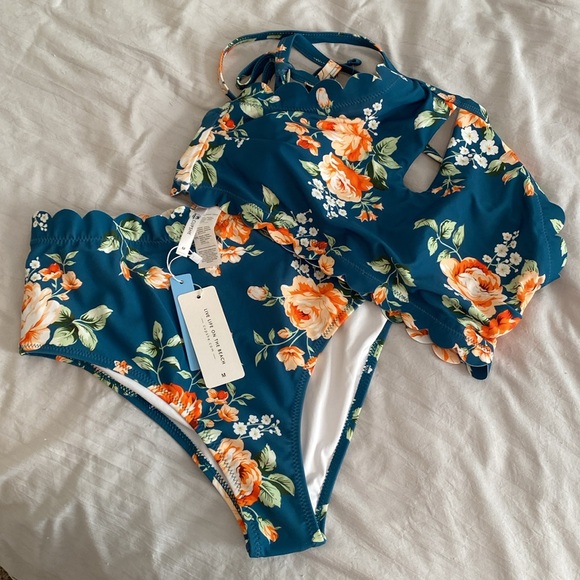 NWT Cupshe Teal Floral Scalloped Bikini - Picture 6 of 6